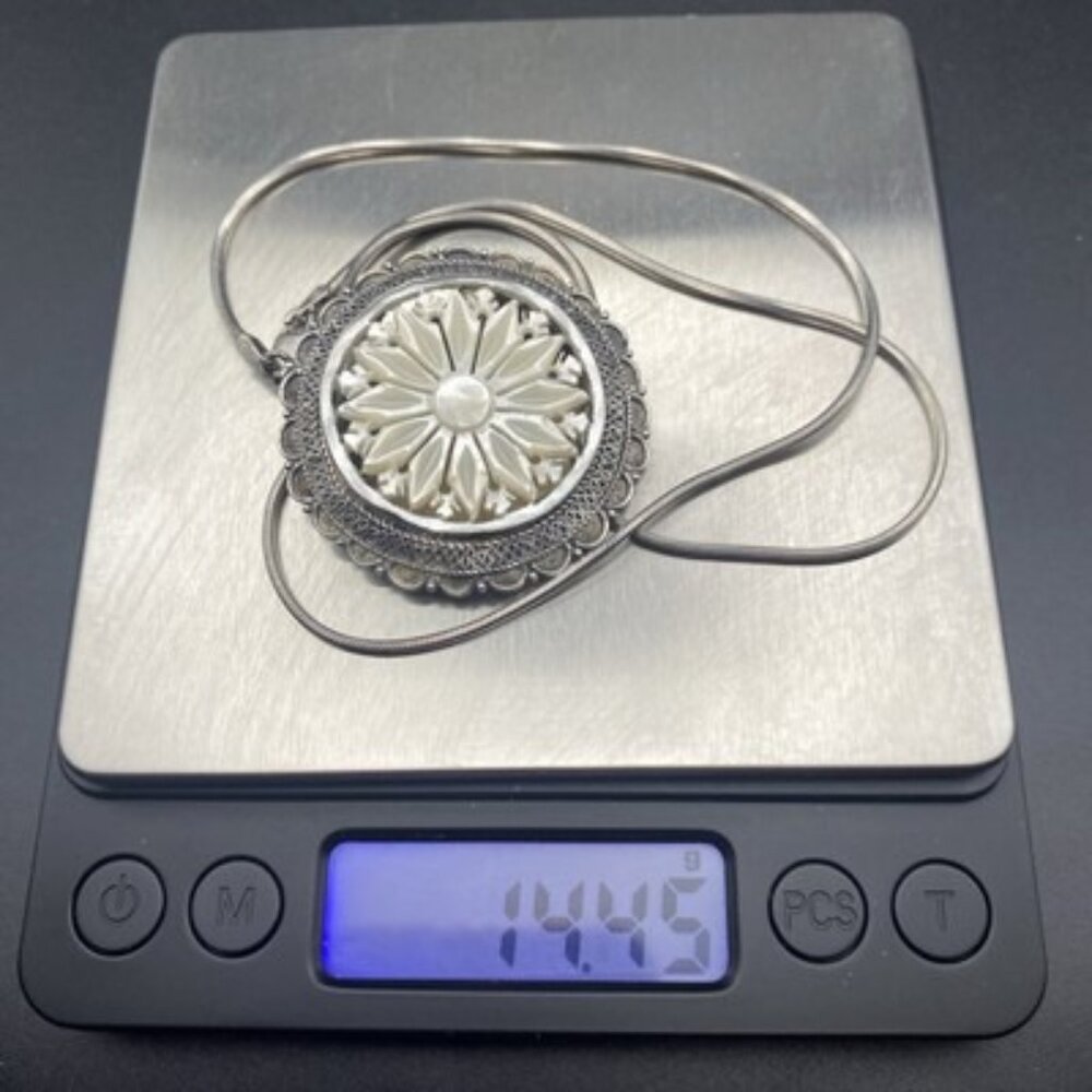 Vtg 950 Sterling Silver MOP Brooch Pendant Necklace Intricate Jerusalem 18” 14g - Picture 11 of 11